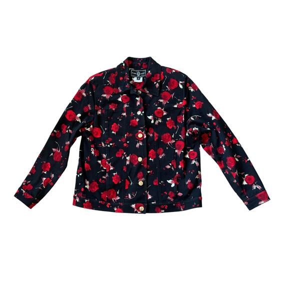 St. John Sport Black & Red Roses Floral Denim Jean Jacket - Picture 1 of 10